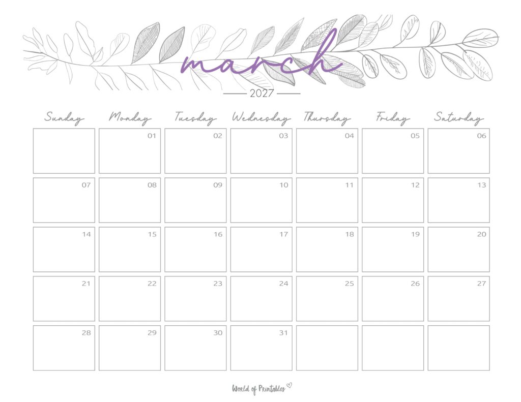 Printable March 2027 Calendar Design 250