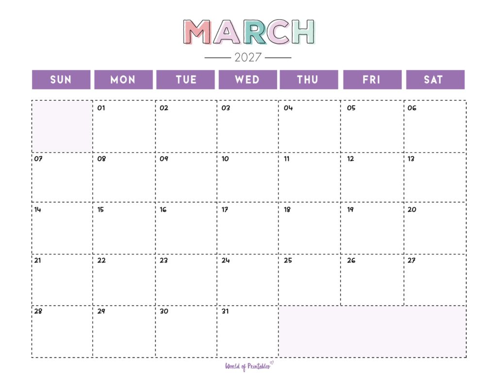 Printable March 2027 Calendar Design 252