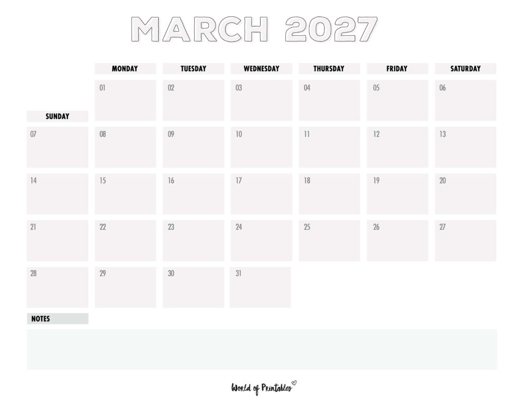 Printable March 2027 Calendar Design 254