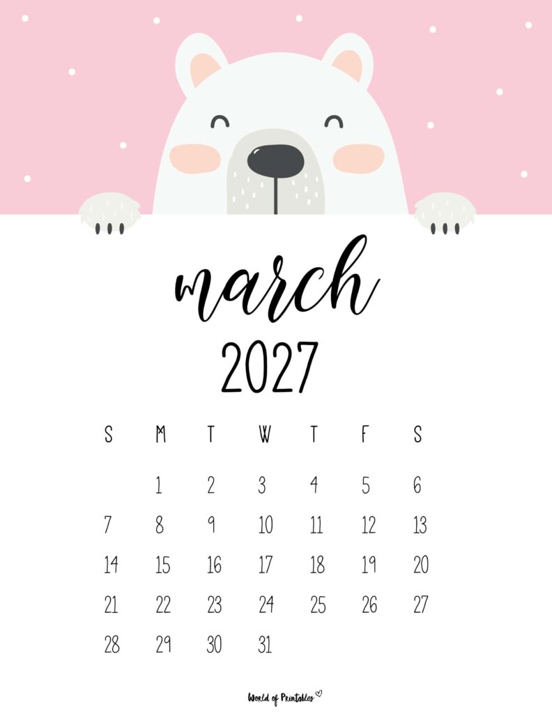 Printable March 2027 Calendar Design 30