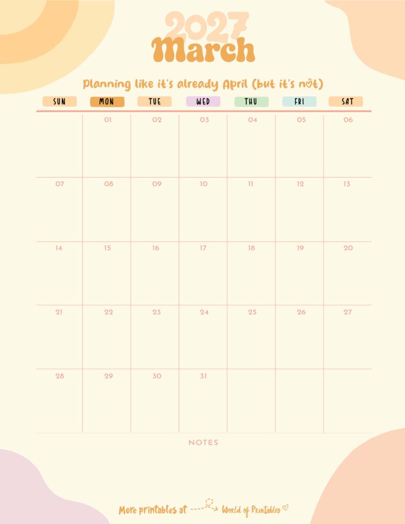 Printable March 2027 Calendar Design 300