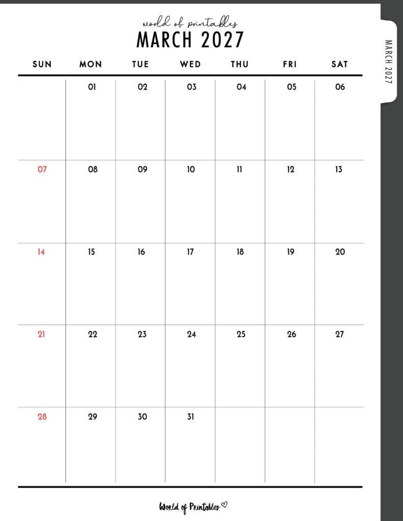Printable March 2027 Calendar Design 307