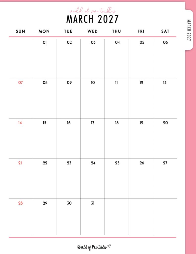 Printable March 2027 Calendar Design 308