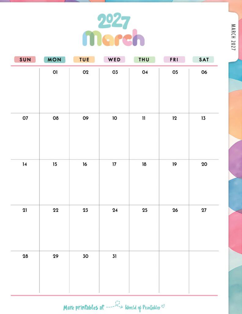 Printable March 2027 Calendar Design 309
