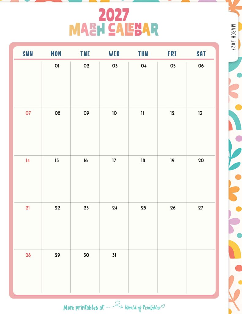 Printable March 2027 Calendar Design 310