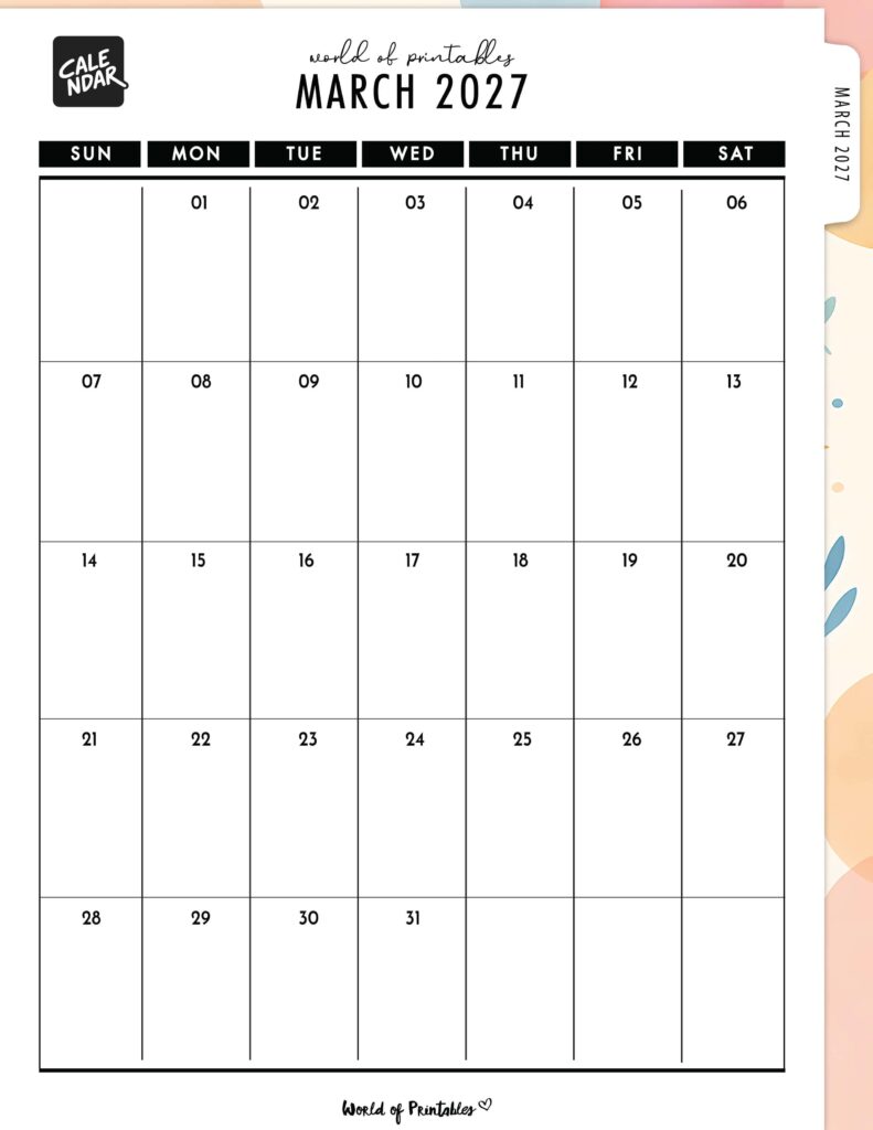 Printable March 2027 Calendar Design 312