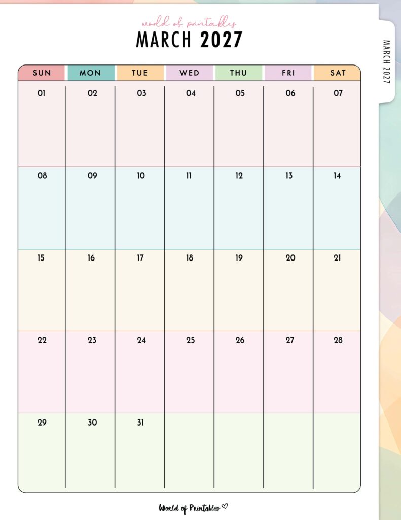 Printable March 2027 Calendar Design 315