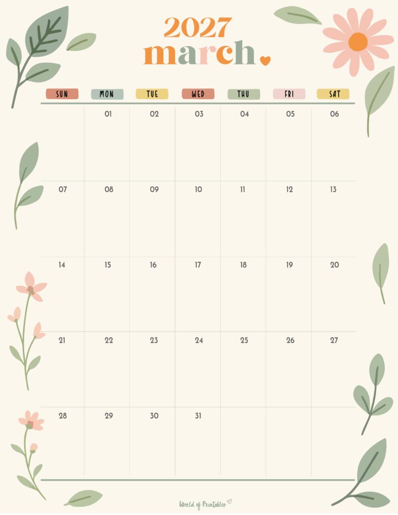 Printable March 2027 Calendar Design 345