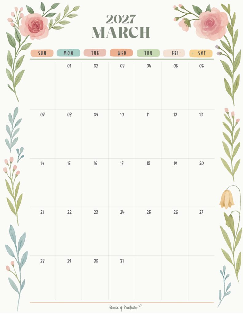 Printable March 2027 Calendar Design 351