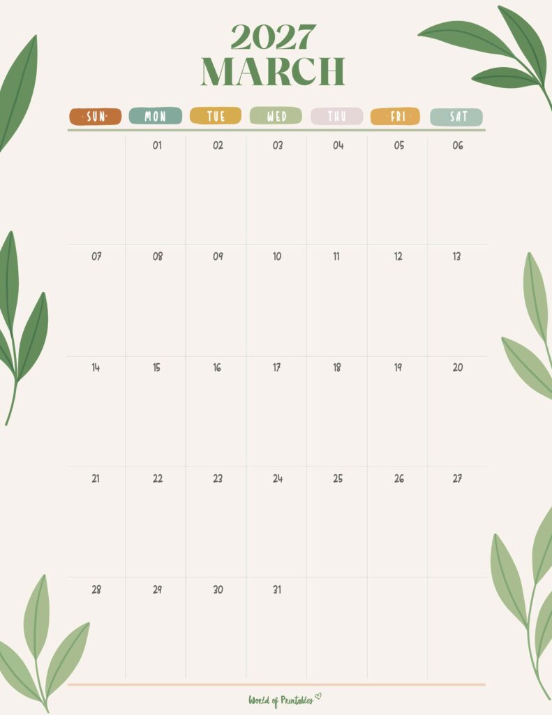Printable March 2027 Calendar Design 354