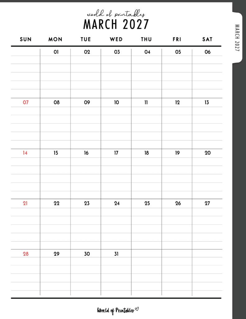 Printable March 2027 Calendar Design 373