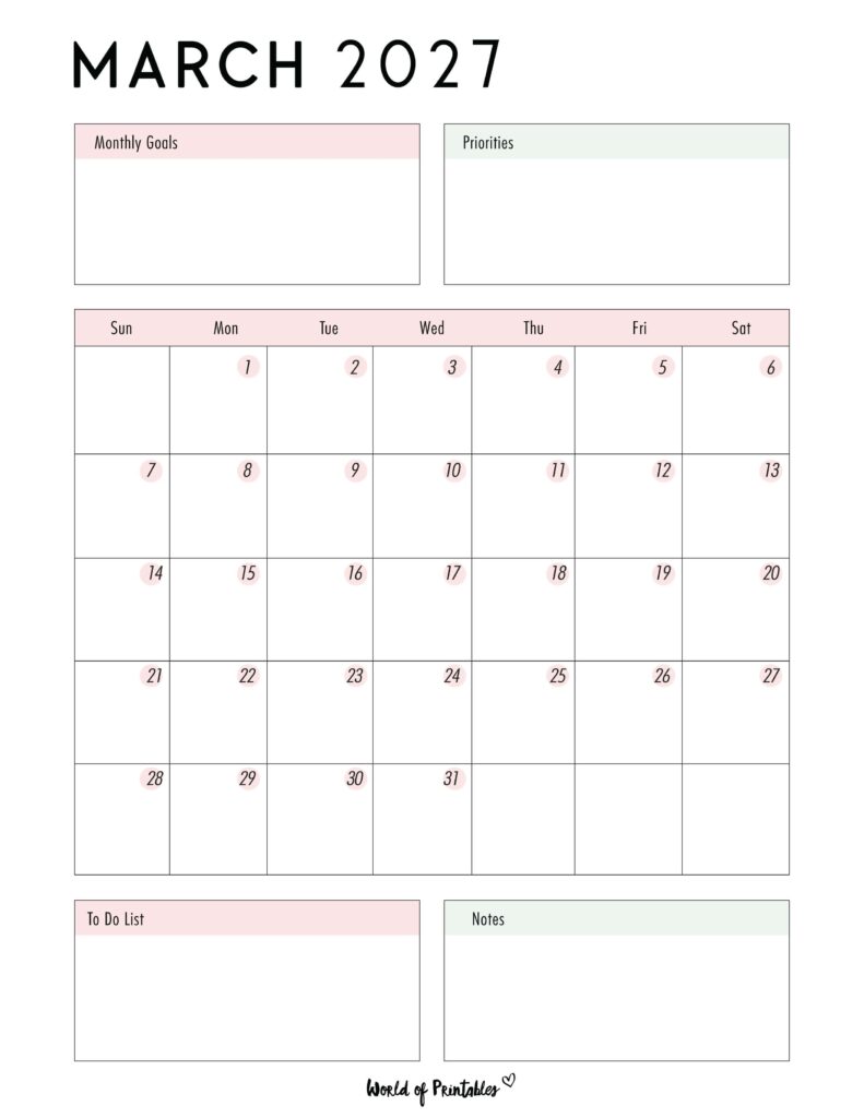 Printable March 2027 Calendar Design 86