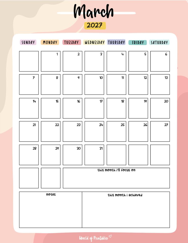 Printable March 2027 Calendar Design 89