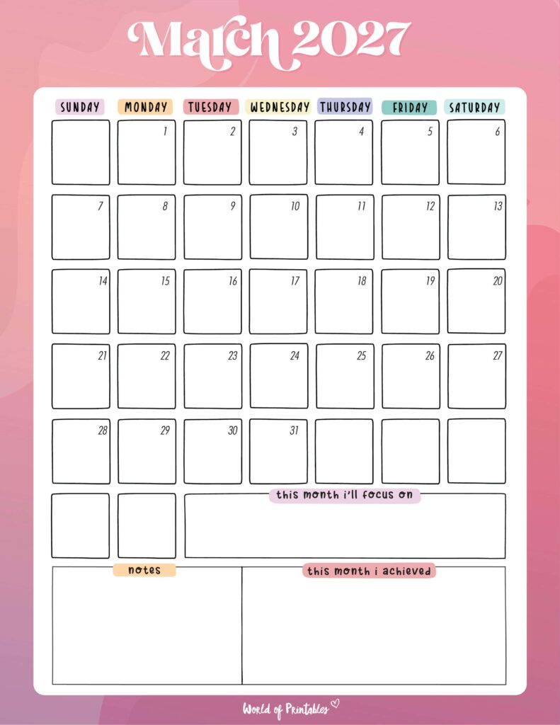 Printable March 2027 Calendar Design 93