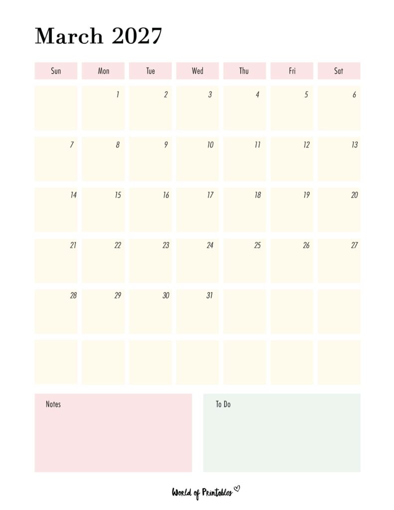 Printable March 2027 Calendar Design 96