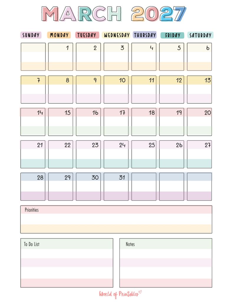 Printable March 2027 Calendar Design 98