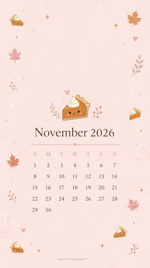 Pumpkin Pie Pattern November 2026 Lock Screen Calendar