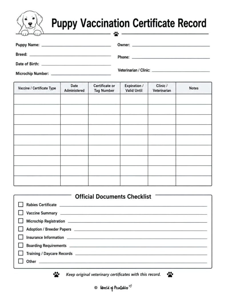 Puppy Vaccination Certificate Record