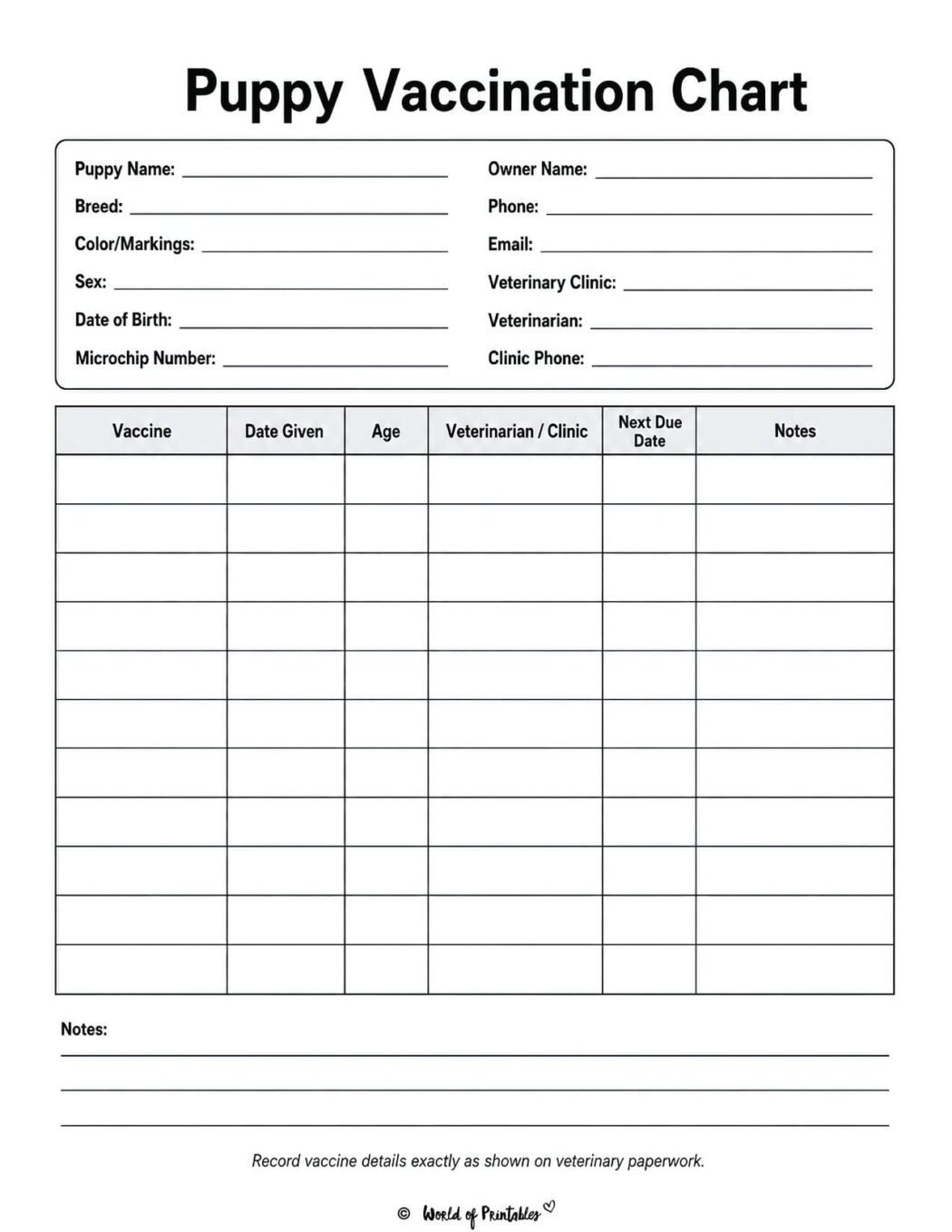 Free Printable Puppy Vaccination Chart and Shot Schedule - World of ...