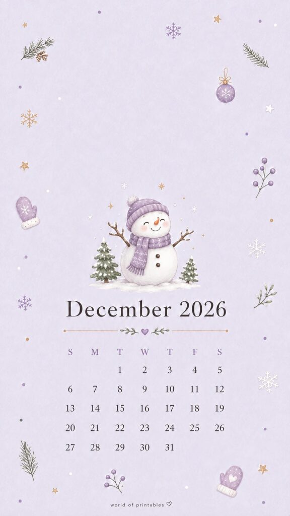 Purple Snowman December 2026 Lock Screen Calendar