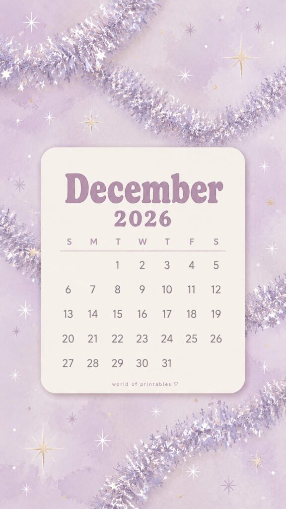 Purple Tinsel December Calendar Wallpaper 2026