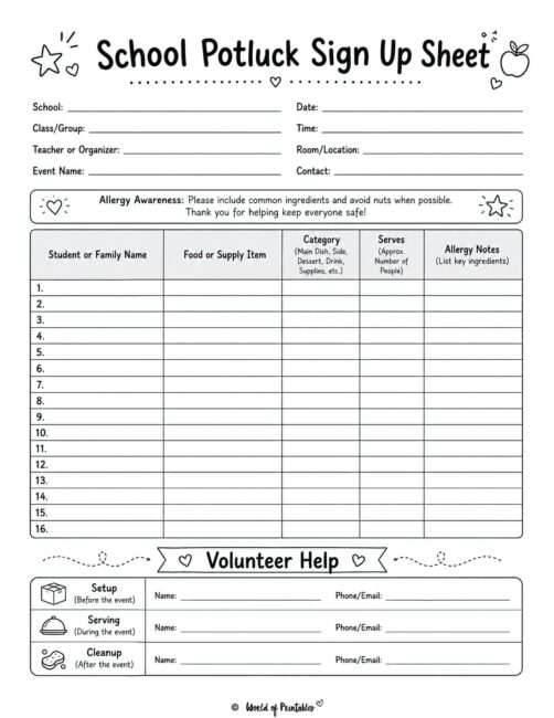 School Potluck Sign Up Sheet