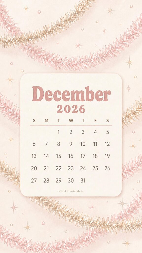 Soft Pink and Gold December 2026 Calendar Wallpaper