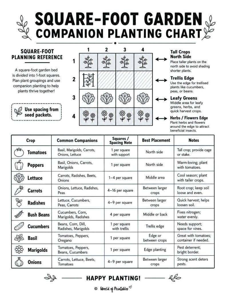 Square-Foot Garden Companion Planting Chart
