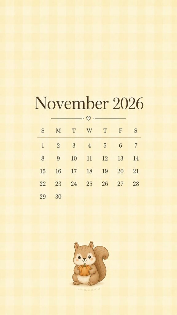 Squirrel November 2026 Lock Screen Calendar