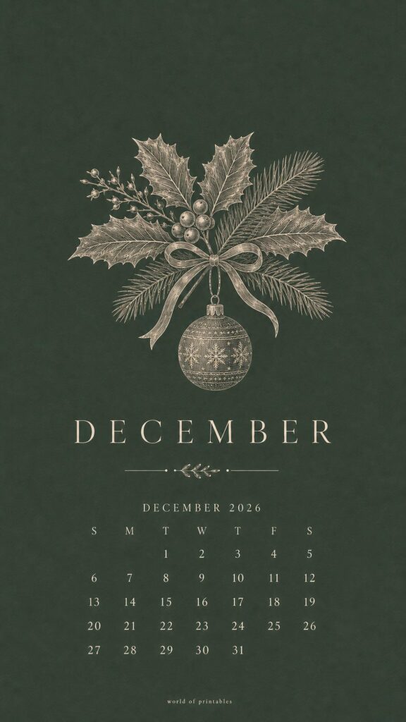 Stylish Christmas Decoration December 2026 Calendar Wallpaper