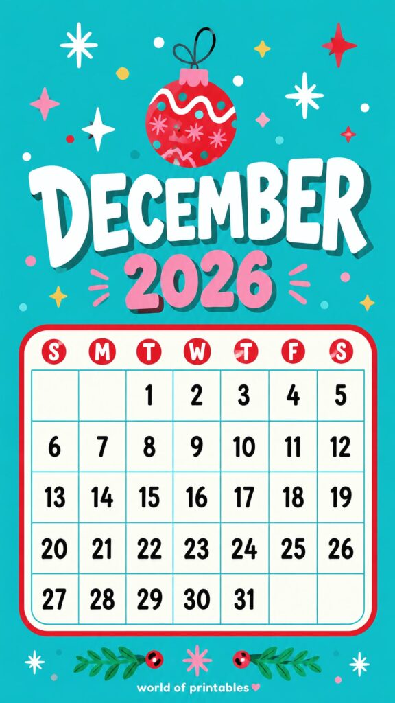 Teal Christmas Decoration December Calendar Wallpaper 2026