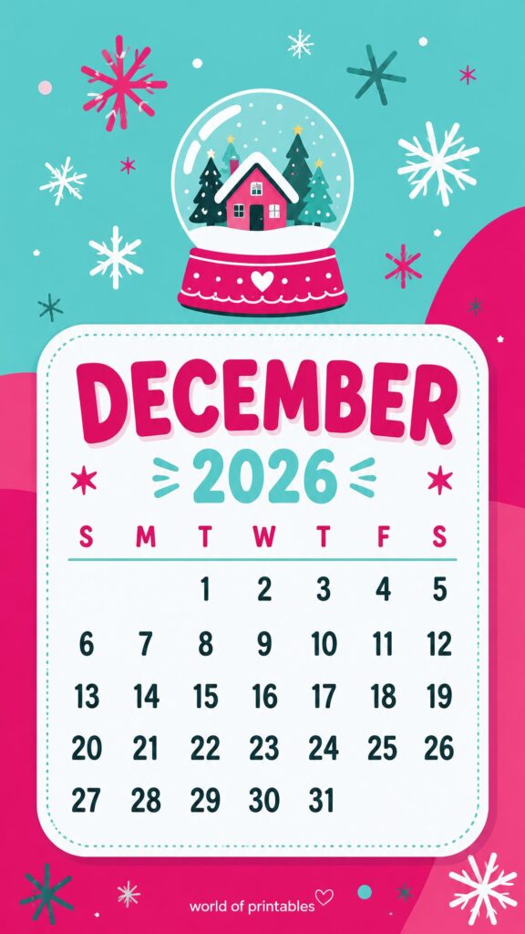 Trendy Snow Globe December Calendar Wallpaper 2026