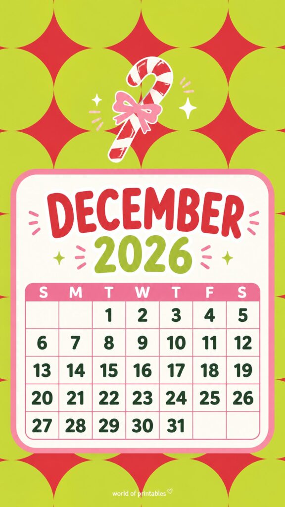 Vibrant Green and Pink December 2026 Lock Screen Calendar