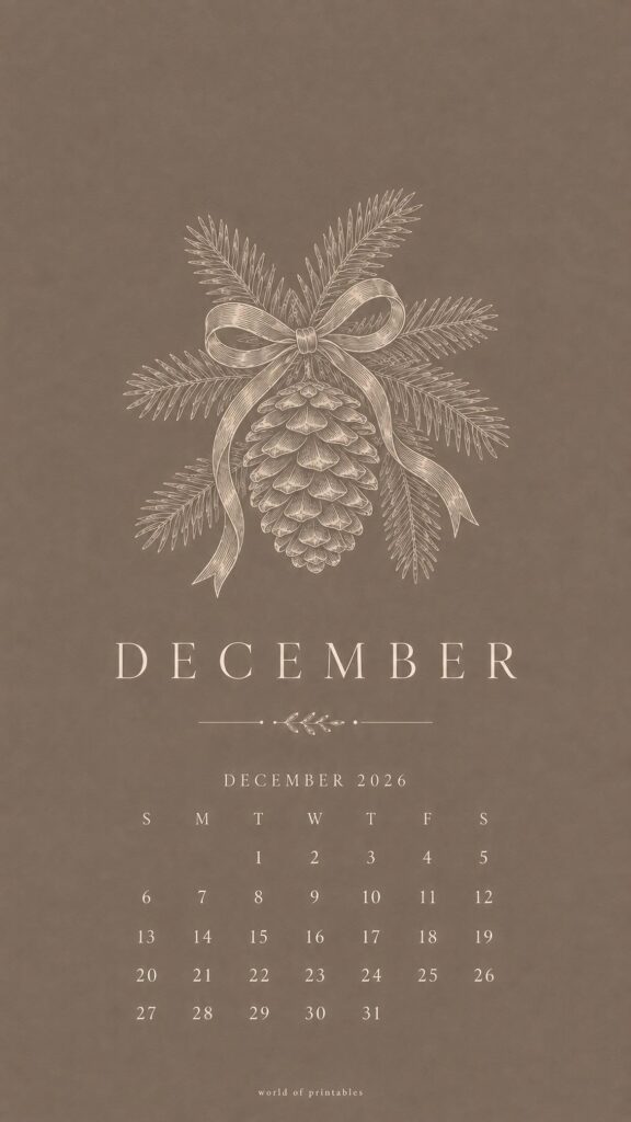 Winter Acorn December 2026 Lock Screen Calendar