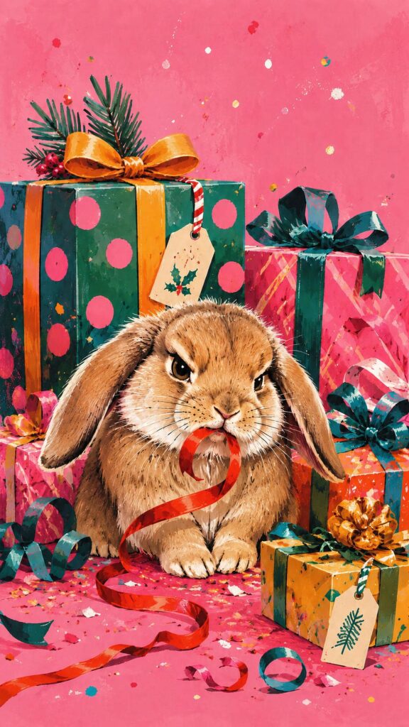 christmas bunny gift wrapping wallpaper
