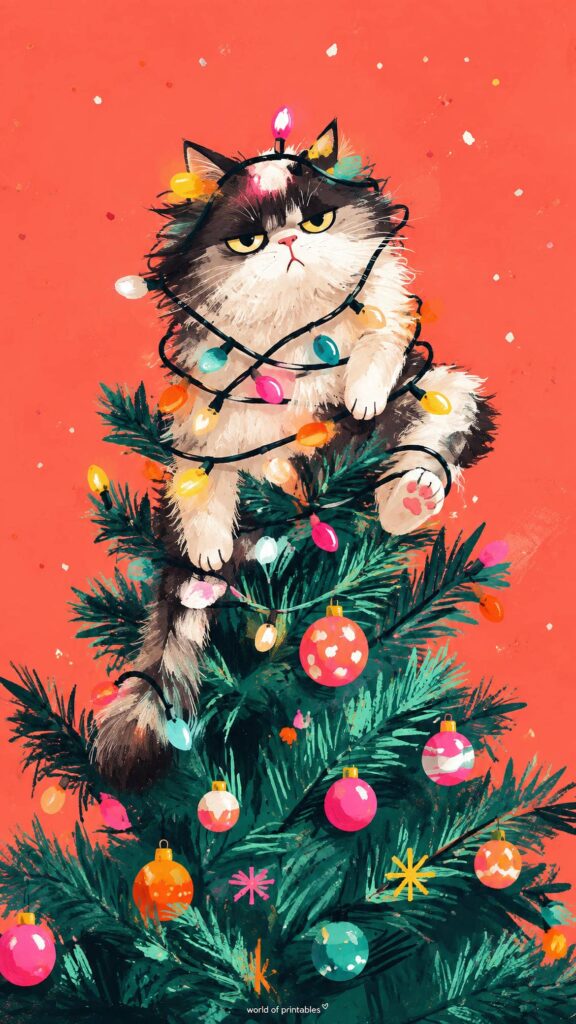 funny christmas cat in tree wallpaper