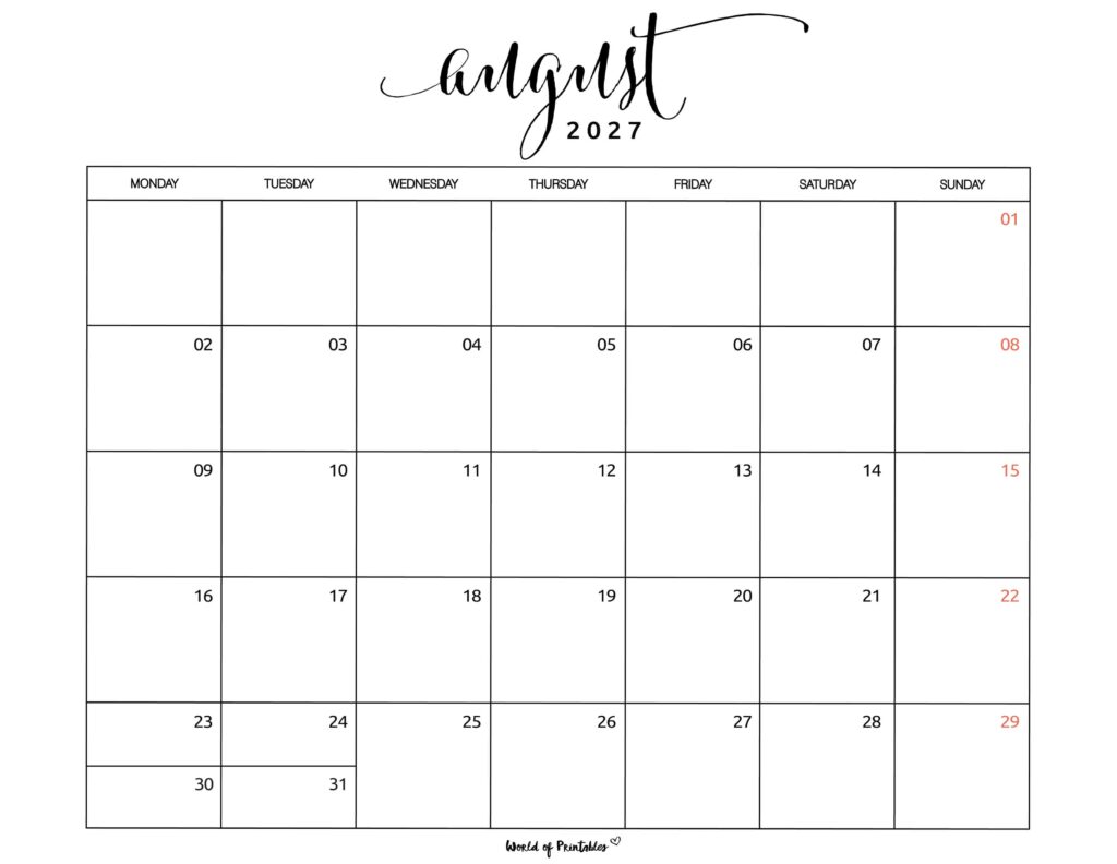 Printable August 2027 Calendar Design 1