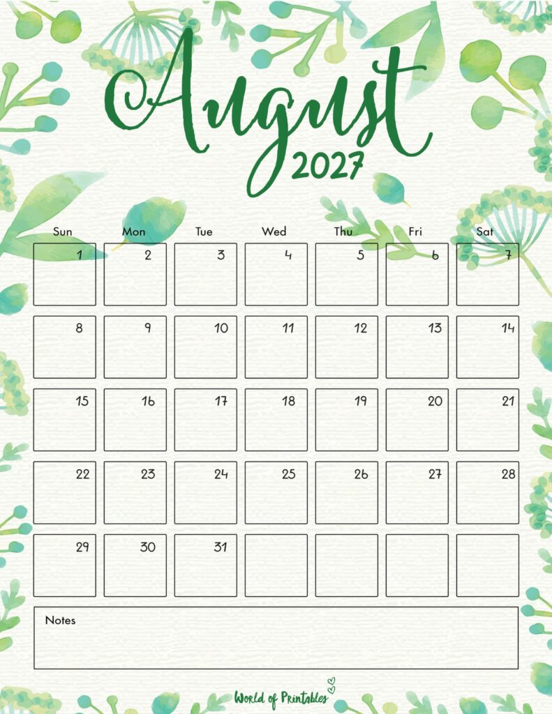 Printable August 2027 Calendar Design 100