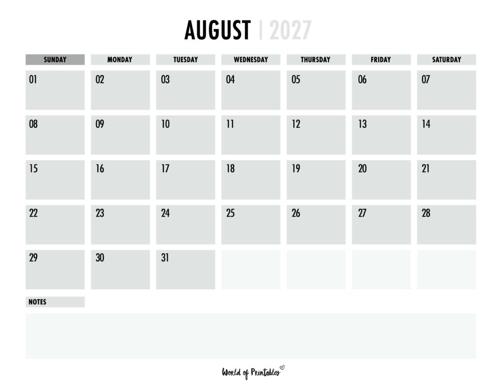 Printable August 2027 Calendar Design 101
