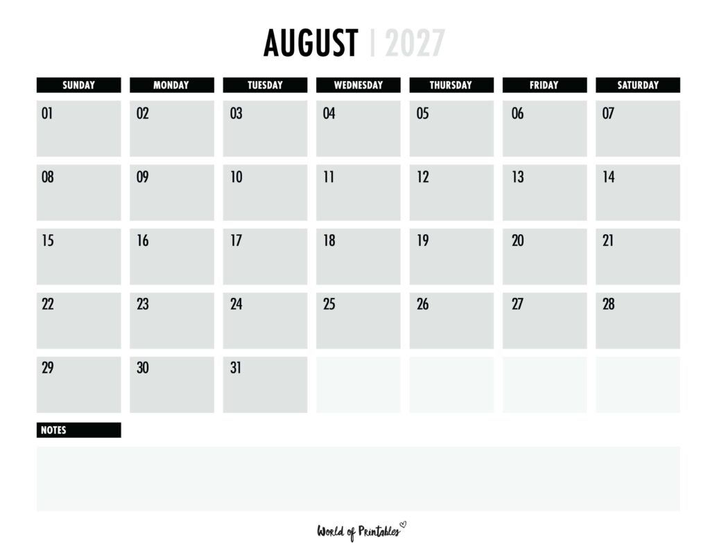 Printable August 2027 Calendar Design 102