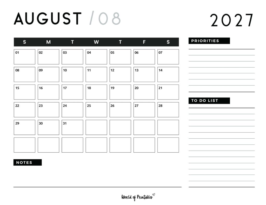 Printable August 2027 Calendar Design 107