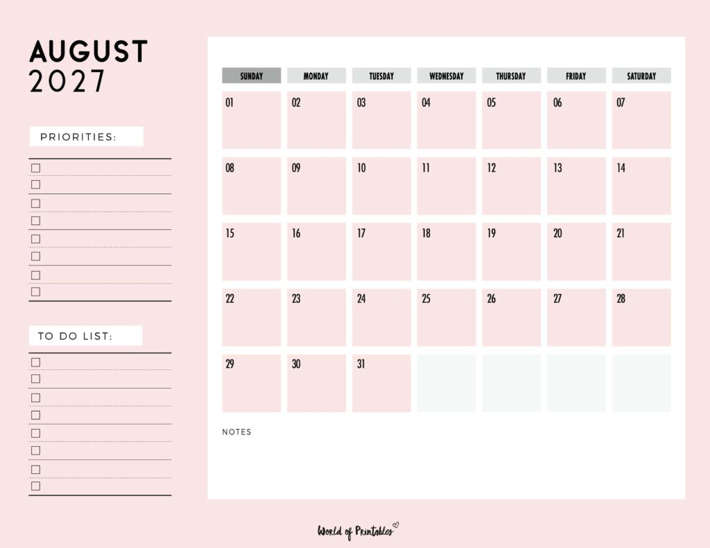 Printable August 2027 Calendar Design 111