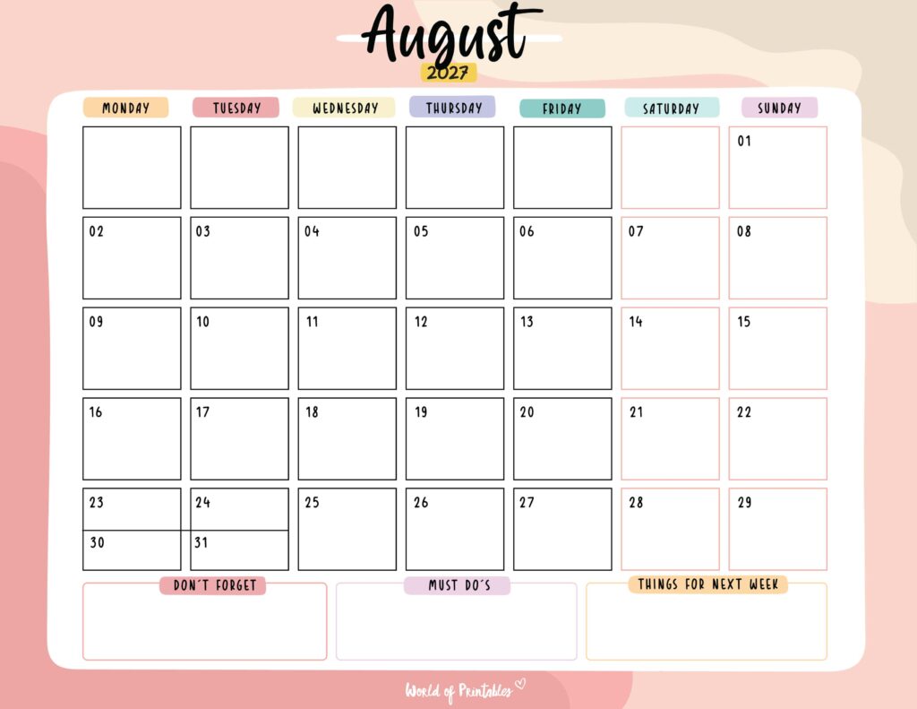 Printable August 2027 Calendar Design 115