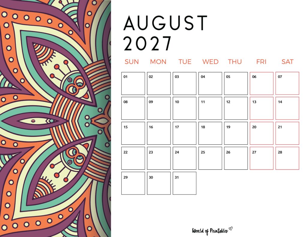 Printable August 2027 Calendar Design 116