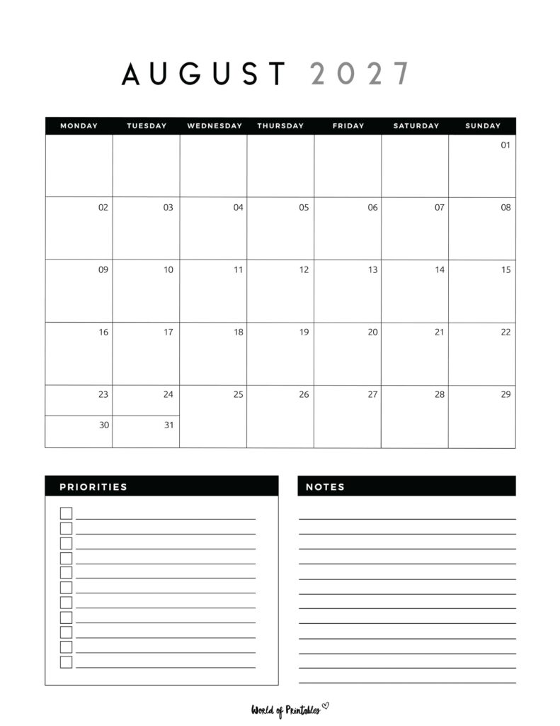 Printable August 2027 Calendar Design 123