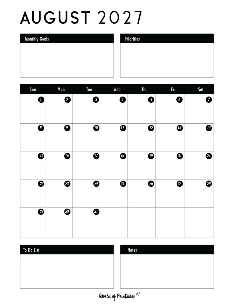 Printable August 2027 Calendar Design 124