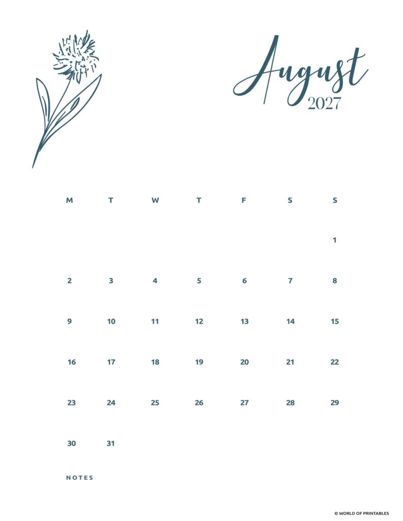 Printable August 2027 Calendar Design 15