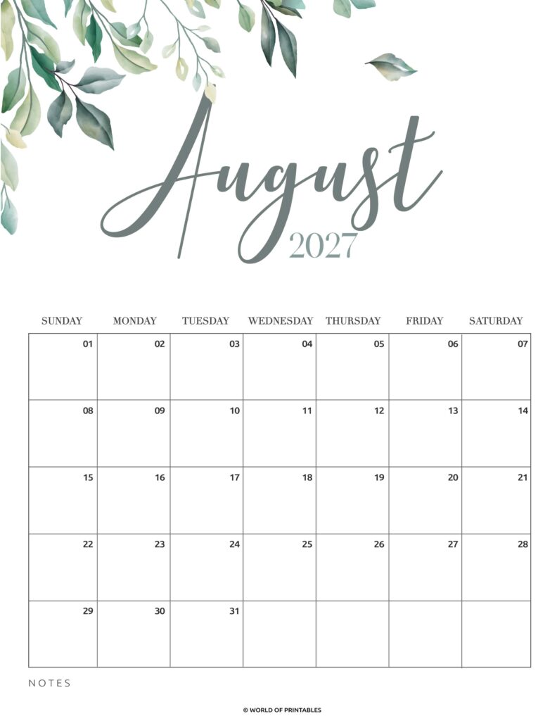 Printable August 2027 Calendar Design 2