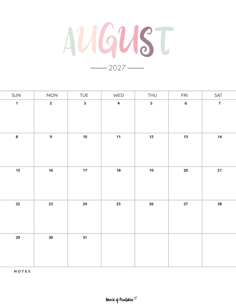 Printable August 2027 Calendar Design 205