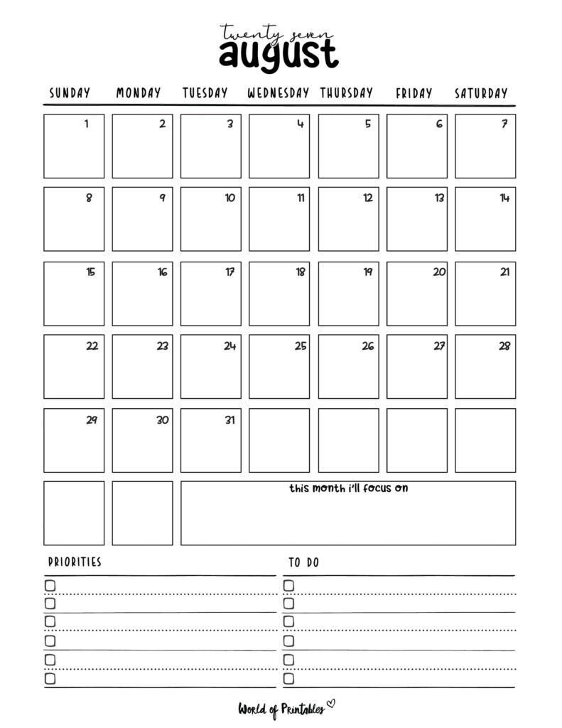 Printable August 2027 Calendar Design 214